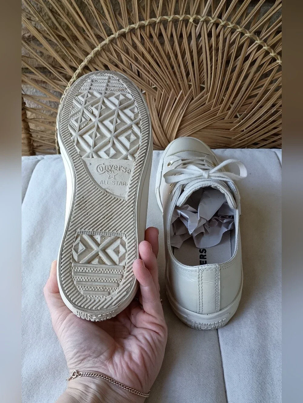 Converse White Low Top Sneakers with Gold Eyelets_9.5 - Picture 5 of 9